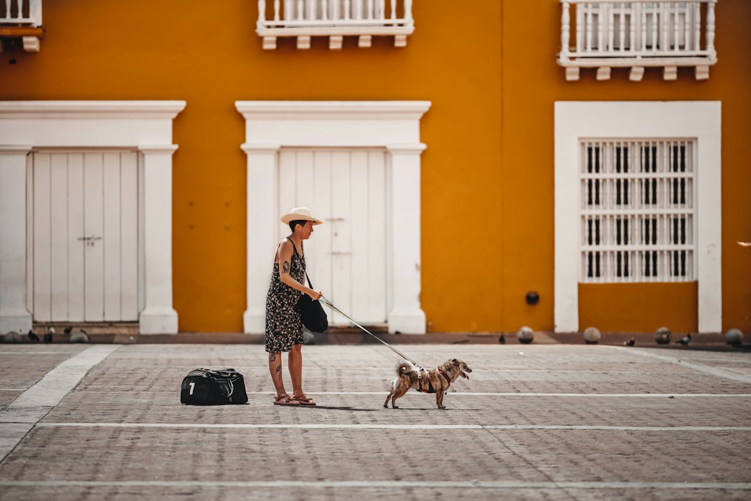 Traveler with a suitcase walking through a city street in Colombia